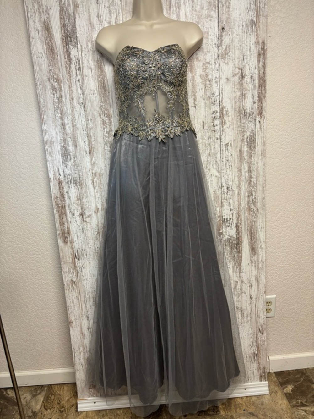Strapless Gray Embellished Evening Dress